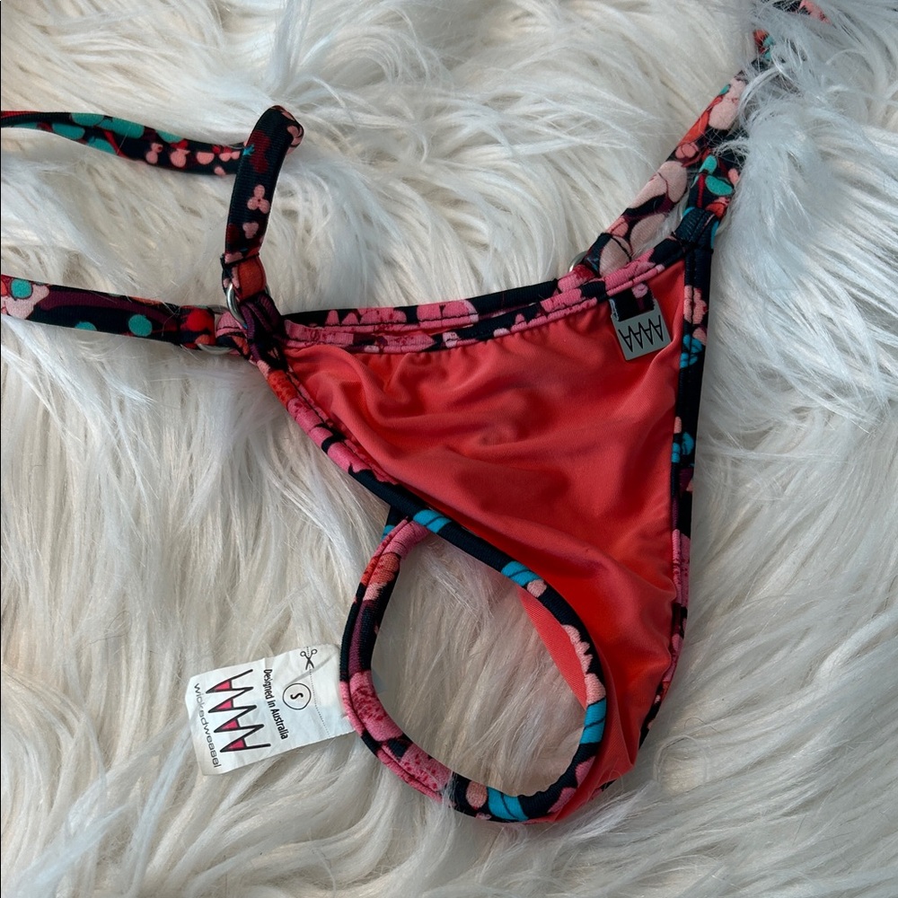 Wicked Weasel Coral Thong Bikini Bottom with Floral Ties - Picture 2 of 7